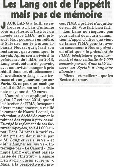 Jack Lang Canard Enchaîné Institut du Monde Arabe
