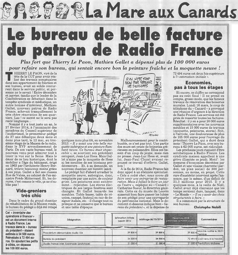 Canard Enchaîné Bureau Mathieu Gallet Radio France 100 000 euros
