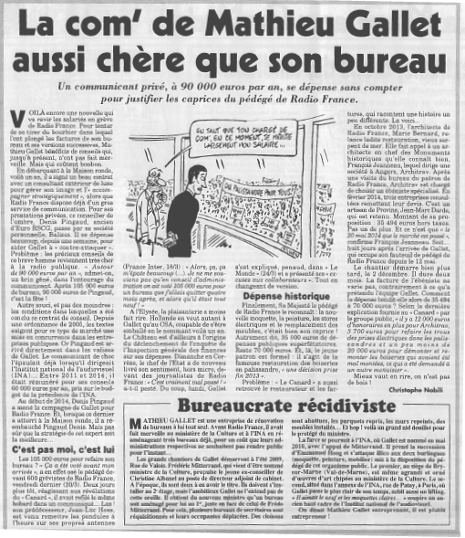 Canard Enchaîné Communication Mathieu Gallet Radio France 90 000 euros